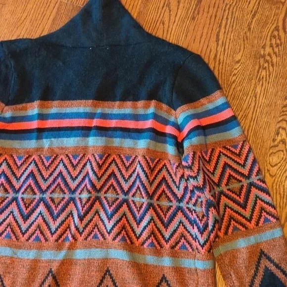 Hot & Delicious colorful tribal knit fringe Boho long open  duster/cardigan sz M - Picture 8 of 14